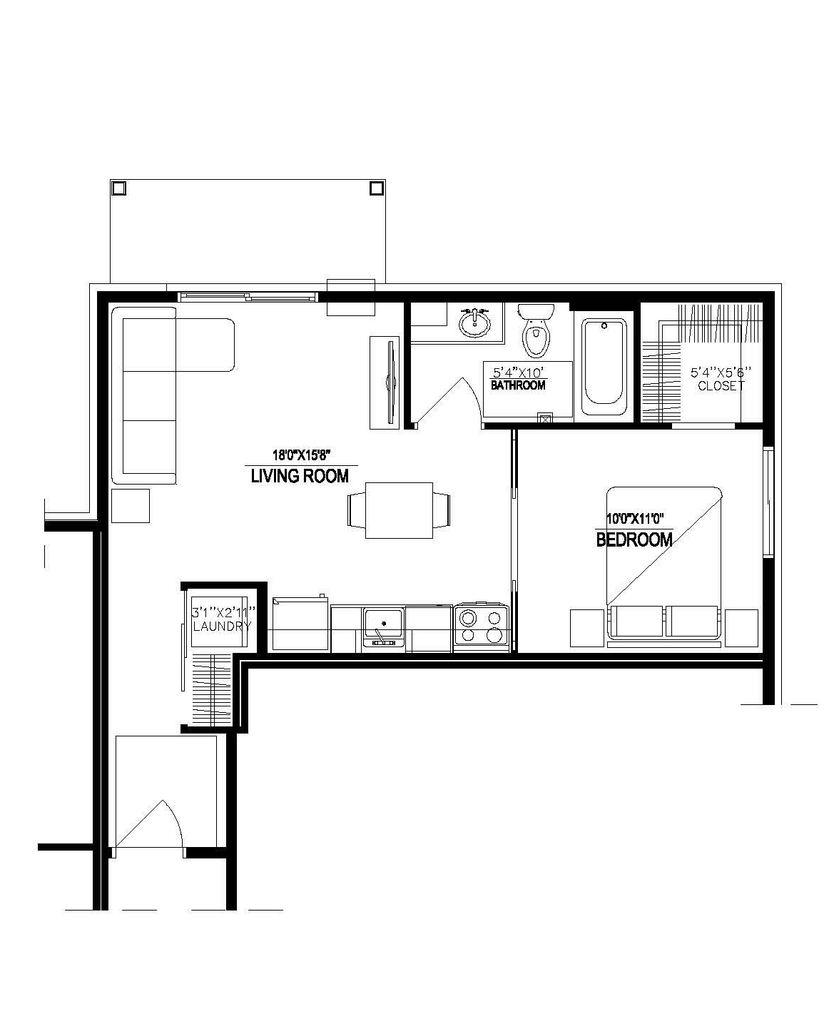 Black-and-white architectural floor plan with rooms, doors, and measurements on a white background