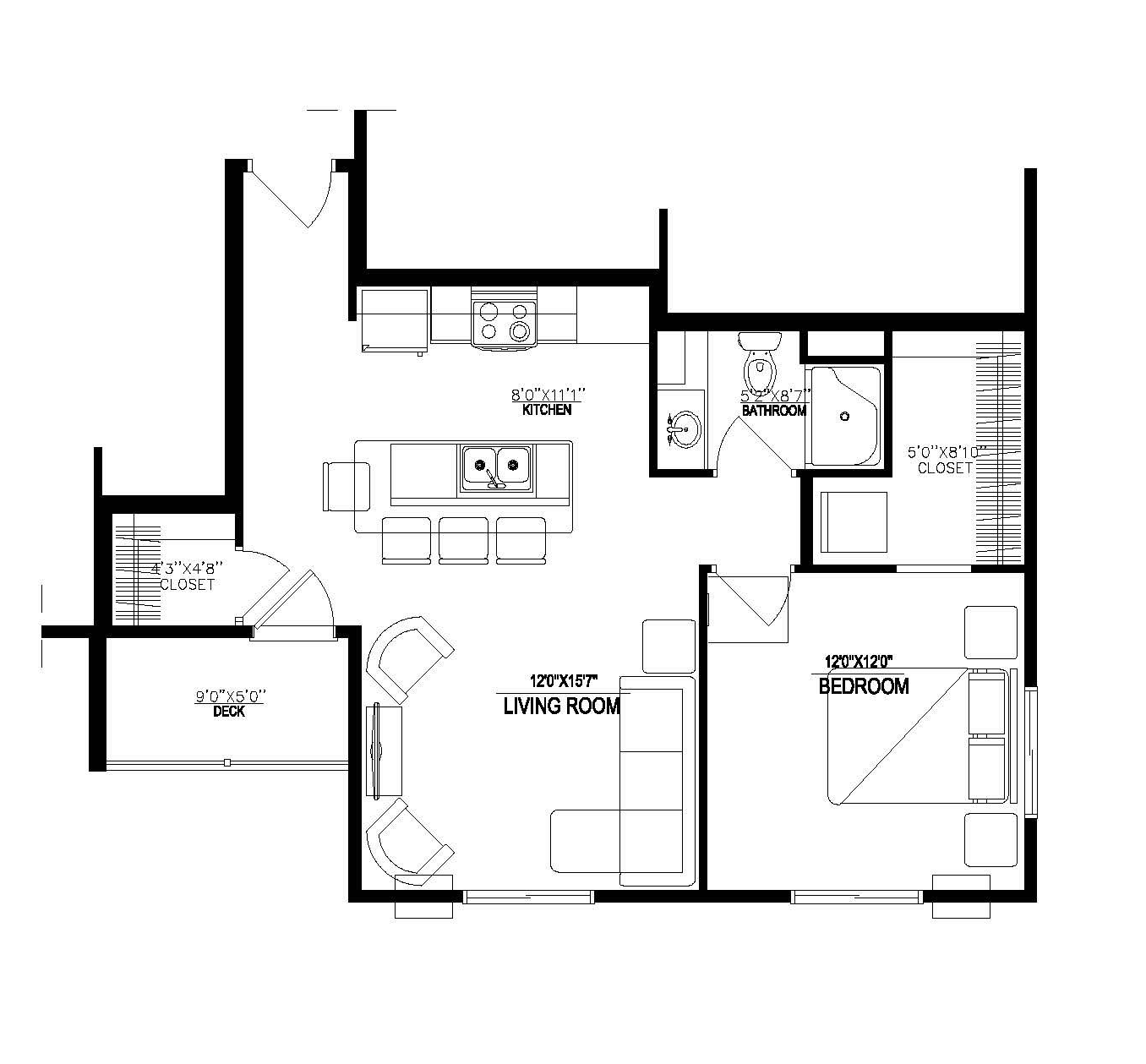 Black-and-white floor plan of an apartment with labeled rooms and walls