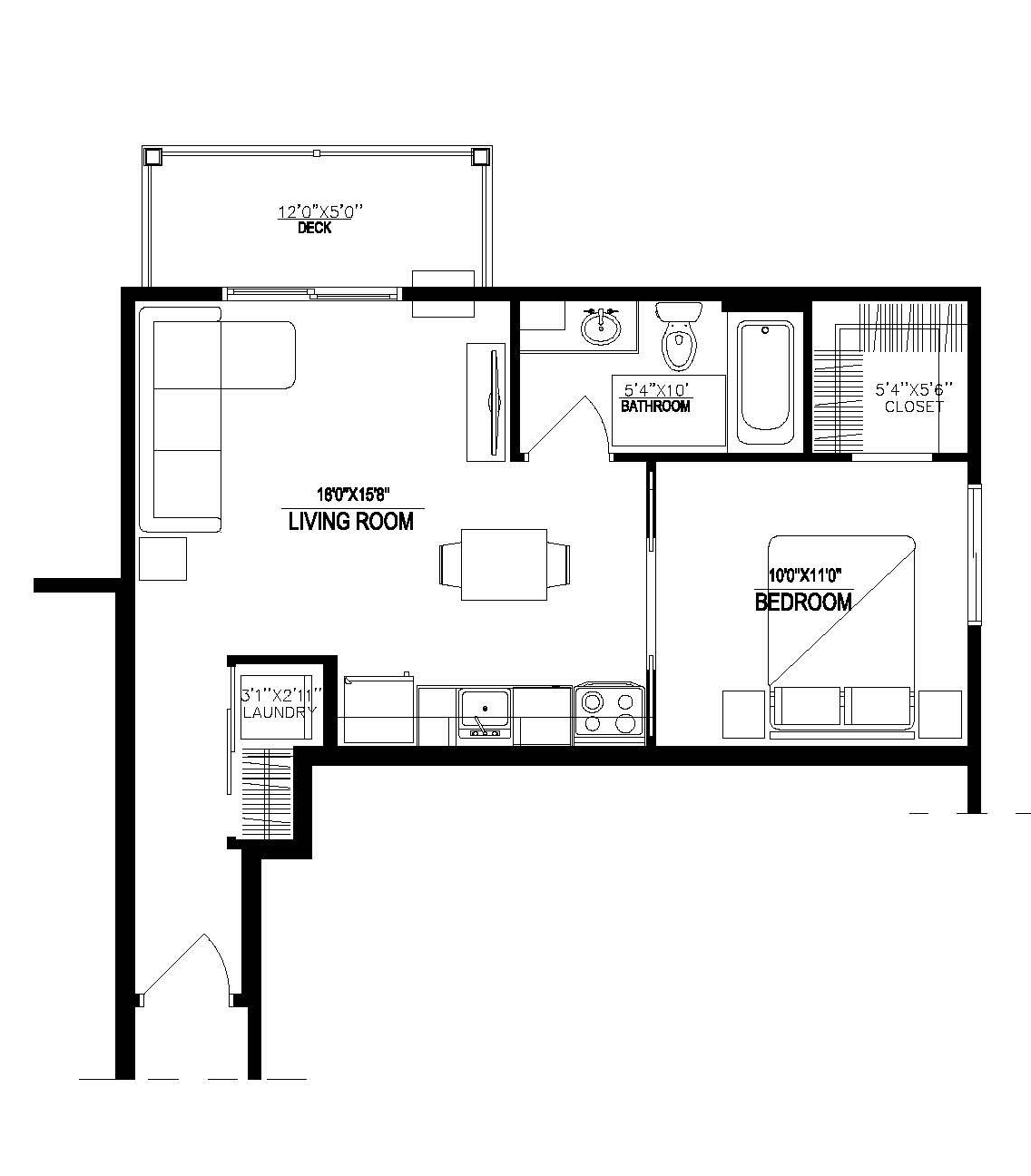 Black-and-white floor plan of a small apartment with labeled rooms and dimensions