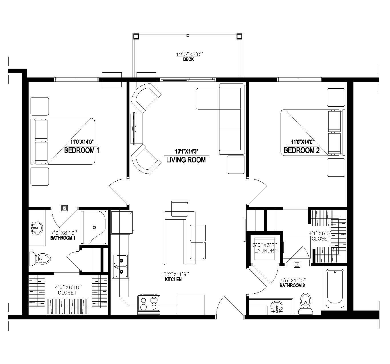 Black-and-white architectural floor plan with labeled rooms and measurements.