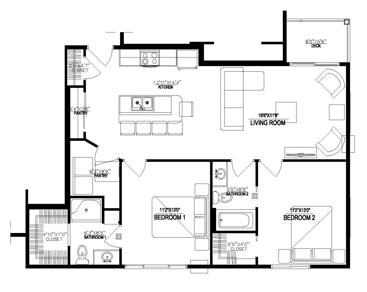 Black-and-white architectural floor plan with labeled rooms and dimensions