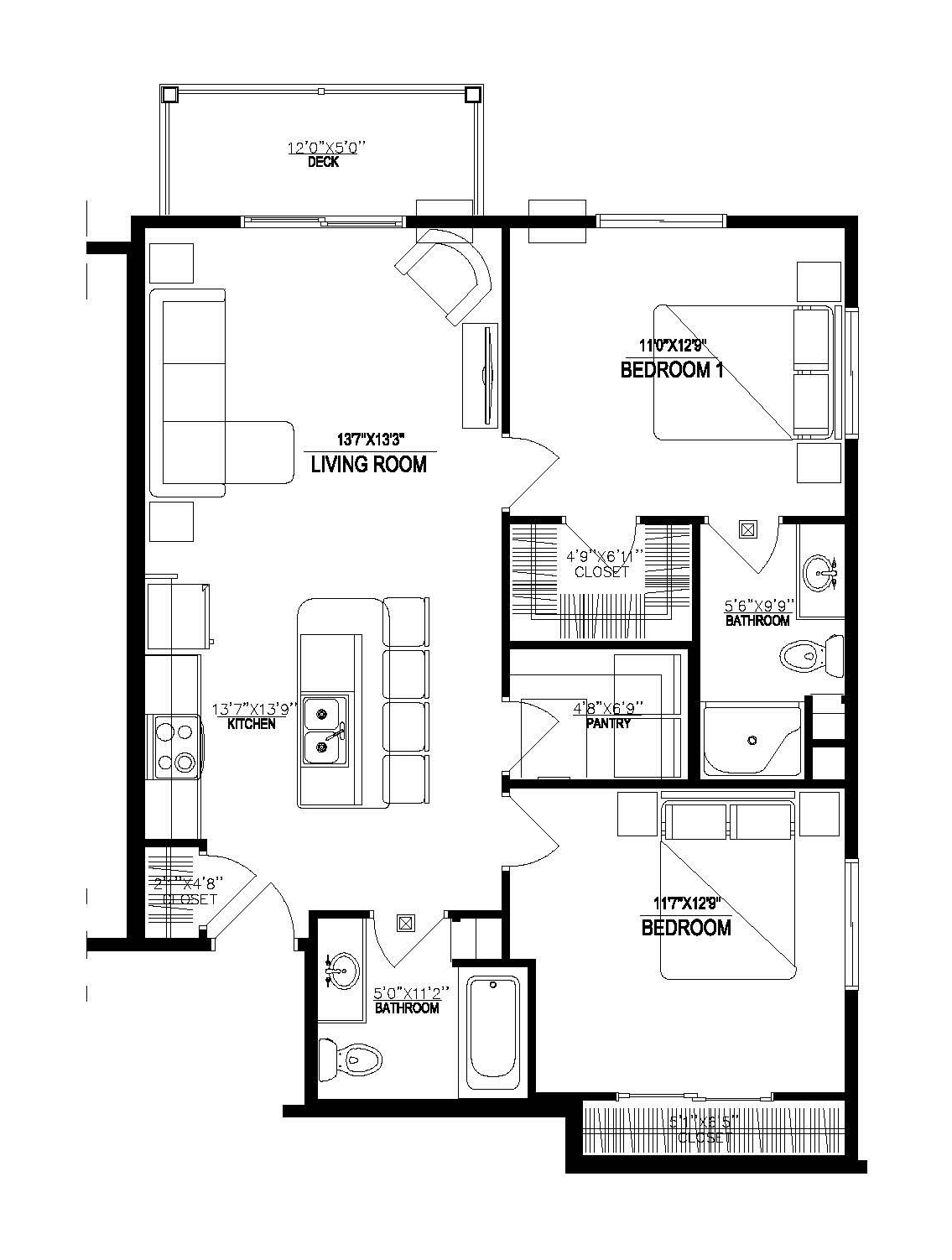 Black-and-white architectural floor plan of an apartment layout with labeled rooms and walls