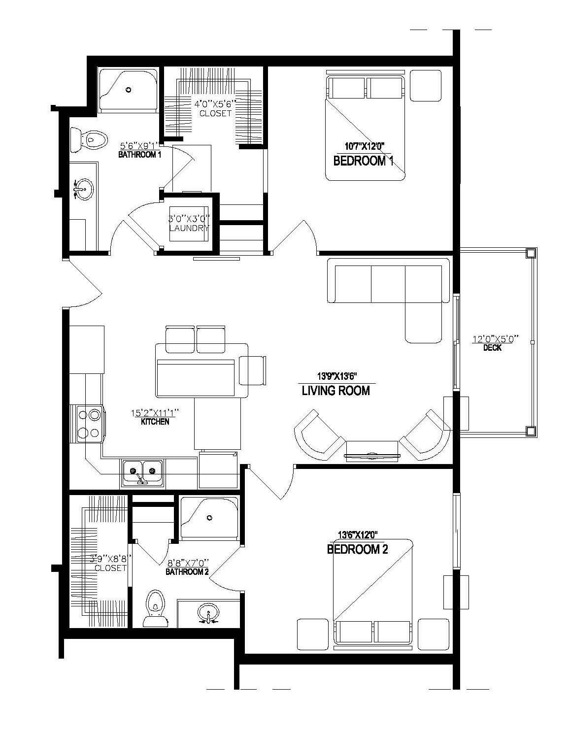 Black-and-white architectural floor plan of a small house with multiple rooms, stairs, and labeled spaces
