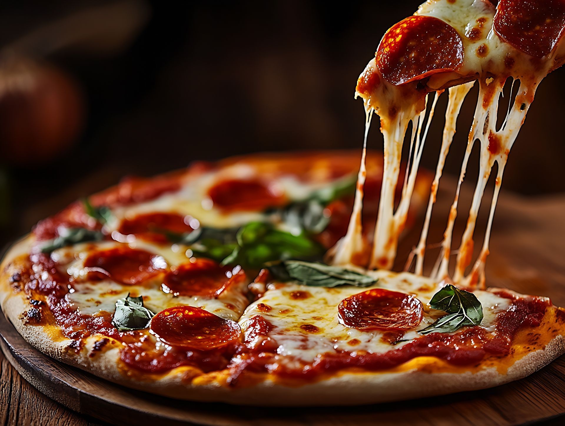 A close-up shot of a pepperoni pizza with a slice being lifted, creating long, dramatic strands of melted mozzarella cheese. The pizza is topped with crispy pepperoni slices and fresh green basil leaves against a warm, dark background.
