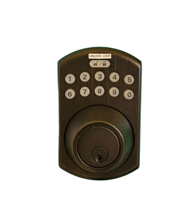 A close up of a digital door lock on a blue door.