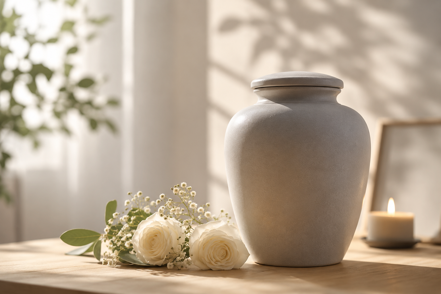 Decorative urn and memorial flowers for preserving ashes after cremation in El Cajon, California