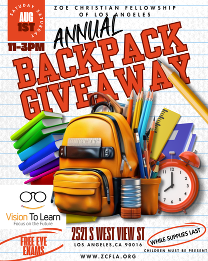 Back-to-school backpack giveaway poster with orange backpack, colorful supplies, and alarm clock