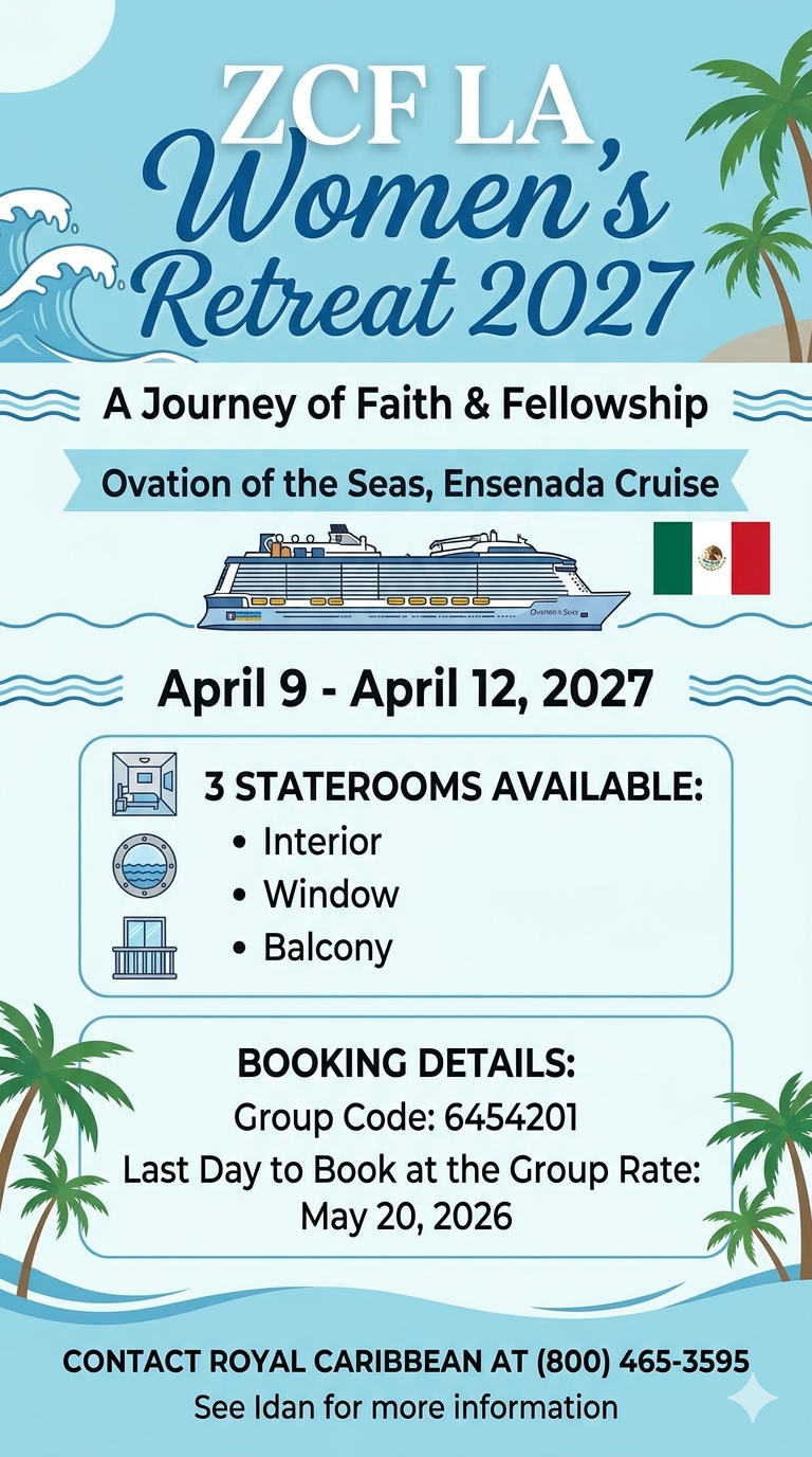 ZCFLA Women’s Retreat 2027 flyer with dates, prices, resort details, and palm-tree beach theme