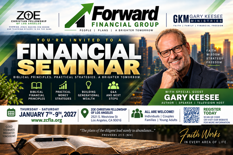 Financial Seminar event poster with Gary Keesee, sponsor logos, January 7-9, 2027, and QR code