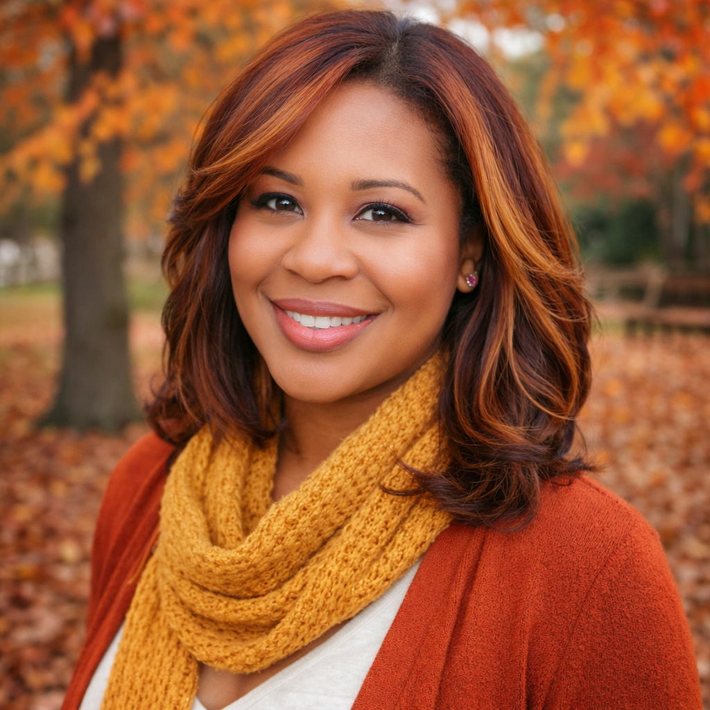 Alicia Moszee in a mustard scarf and orange sweater outdoors with autumn leaves in the background. ai generated image