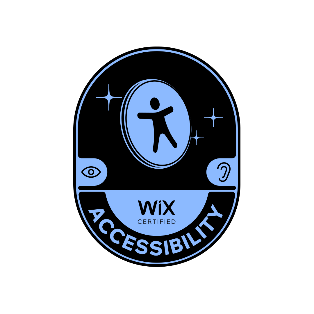 Wix Certified Accessibility badge with a person icon inside a blue circle, eye, ear, and stars.