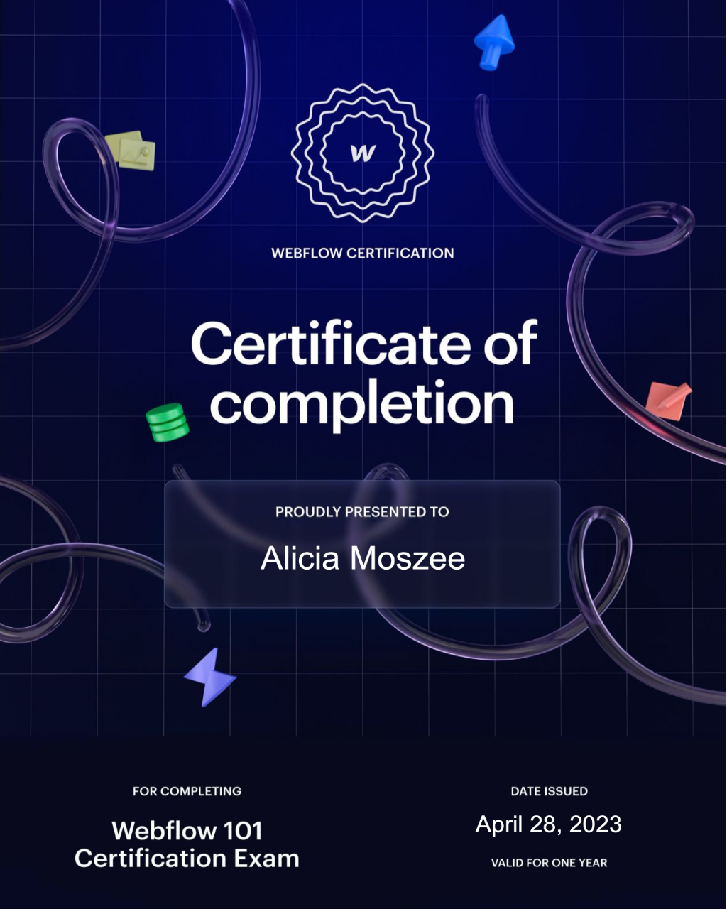 Certificate of completion for Alicia Moszee from Webflow 101 Certification Exam, dated April 28, 2023, blue background.