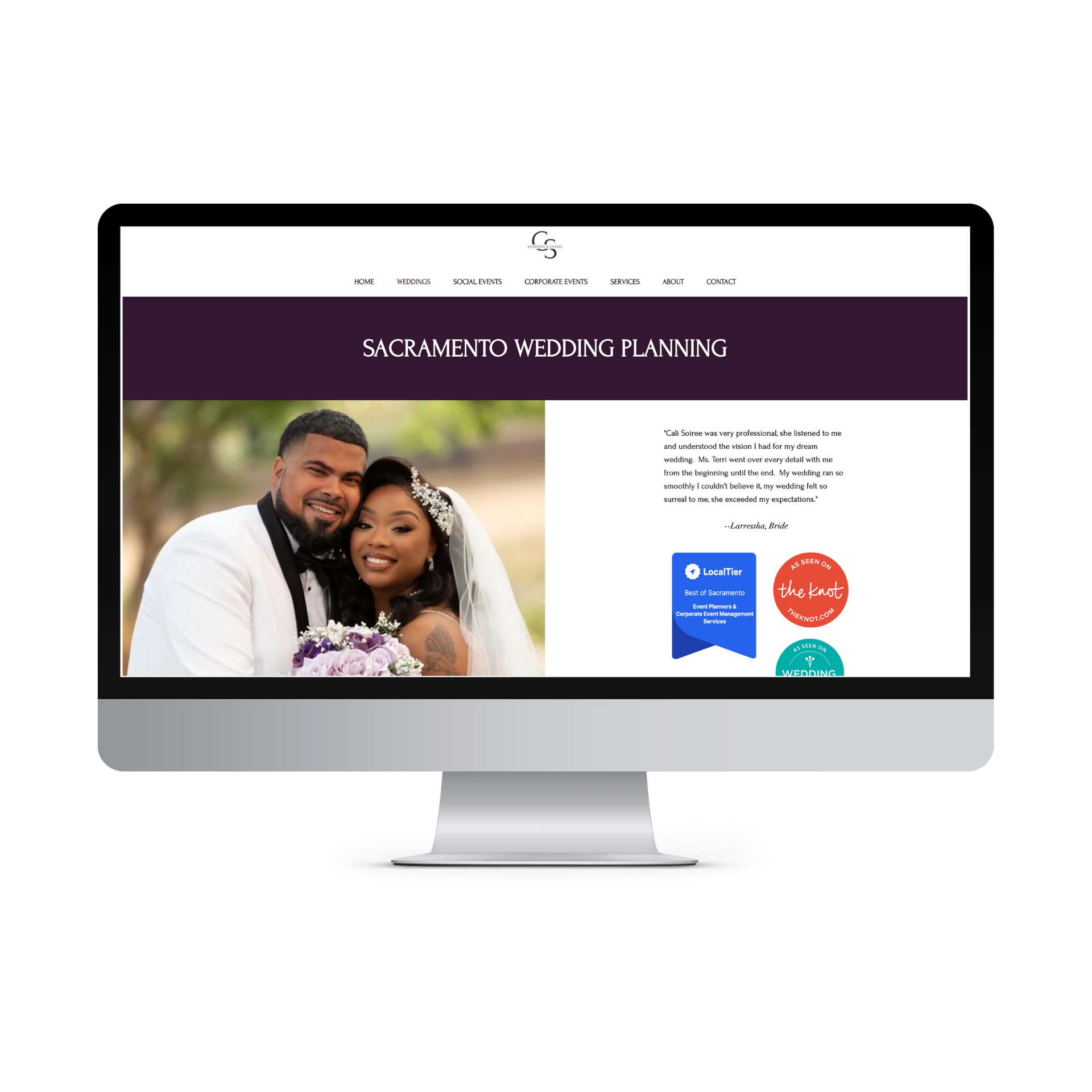 A computer monitor with a bride and groom on the screen.
