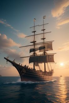 A pirate ship sailing against a vibrant sunset, with colorful clouds reflecting on the ocean.