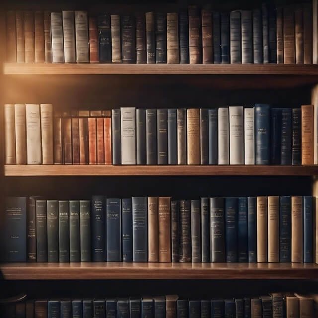 Colorful lineup of books on a wooden shelf.