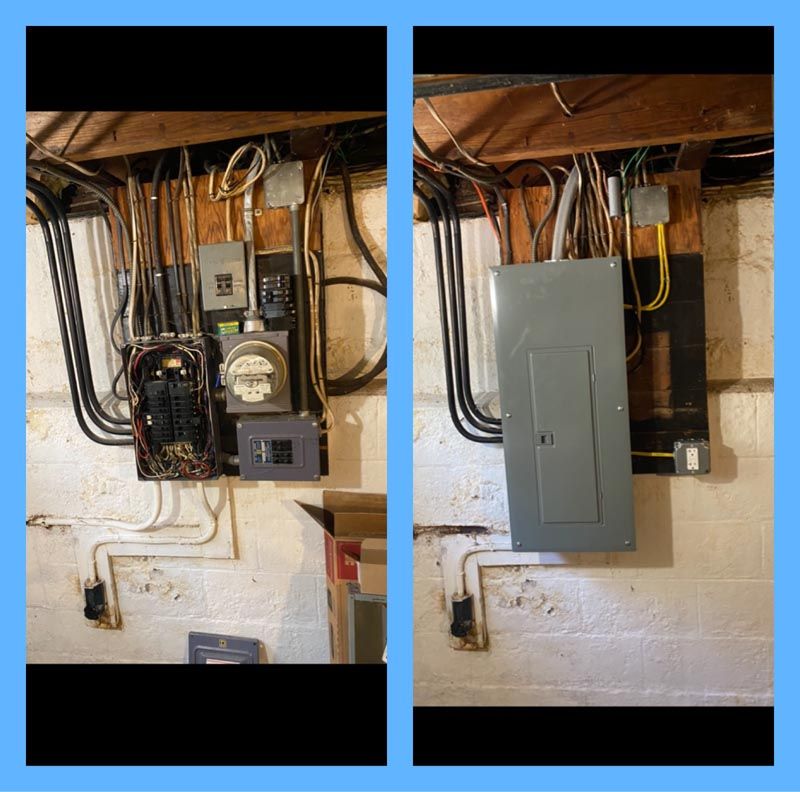 Before-and-after view of electrical panel upgrade with exposed wiring in a basement wall.