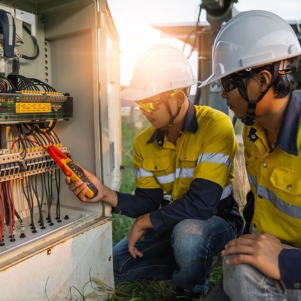 Two electricians in yellow safety gear inspect wiring in an open electrical panel outdoors.