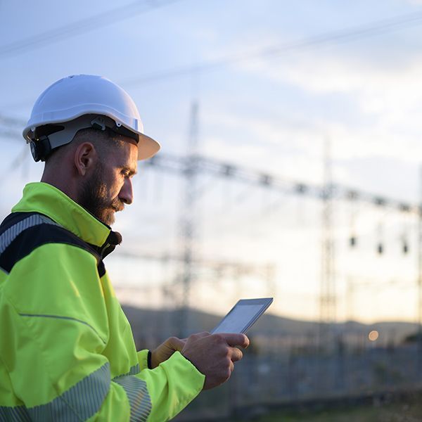 Worker in a neon jacket and hard hat using a tablet at an outdoor construction site