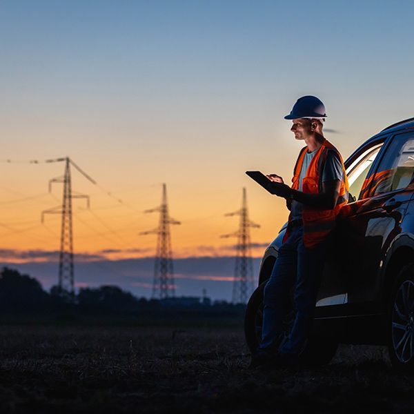 Worker in hard hat using a tablet beside a utility truck at sunset, with power lines in the background
