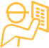 Orange line icon of a person reading a document on a screen