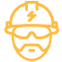Orange line icon of a construction worker wearing a hard hat and safety glasses with a lightning bolt symbol