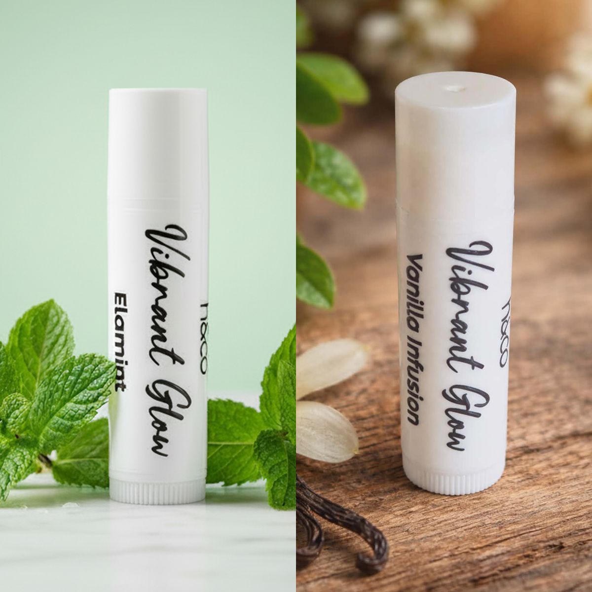 Two white lip balm tubes labeled 
