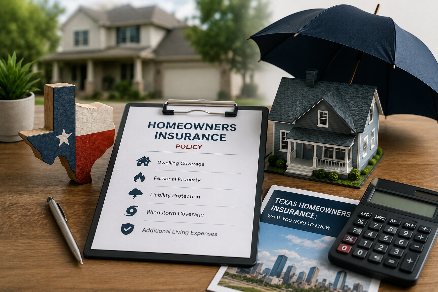 Texas homeowners insurance policy with a house model, umbrella, and Texas map.