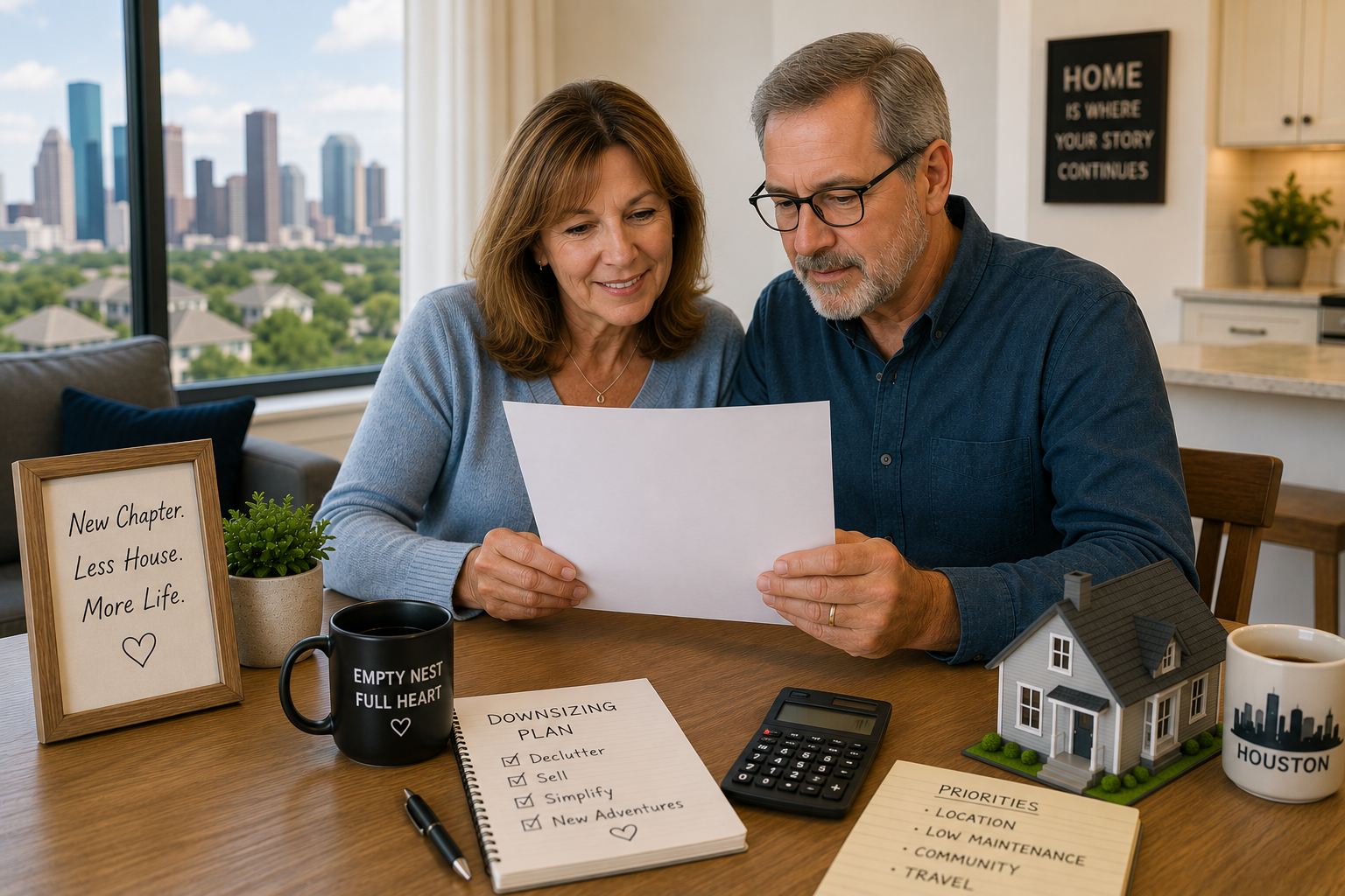 An empty nest couple reviewing paperwork for downsizing in Houston to a smaller home
