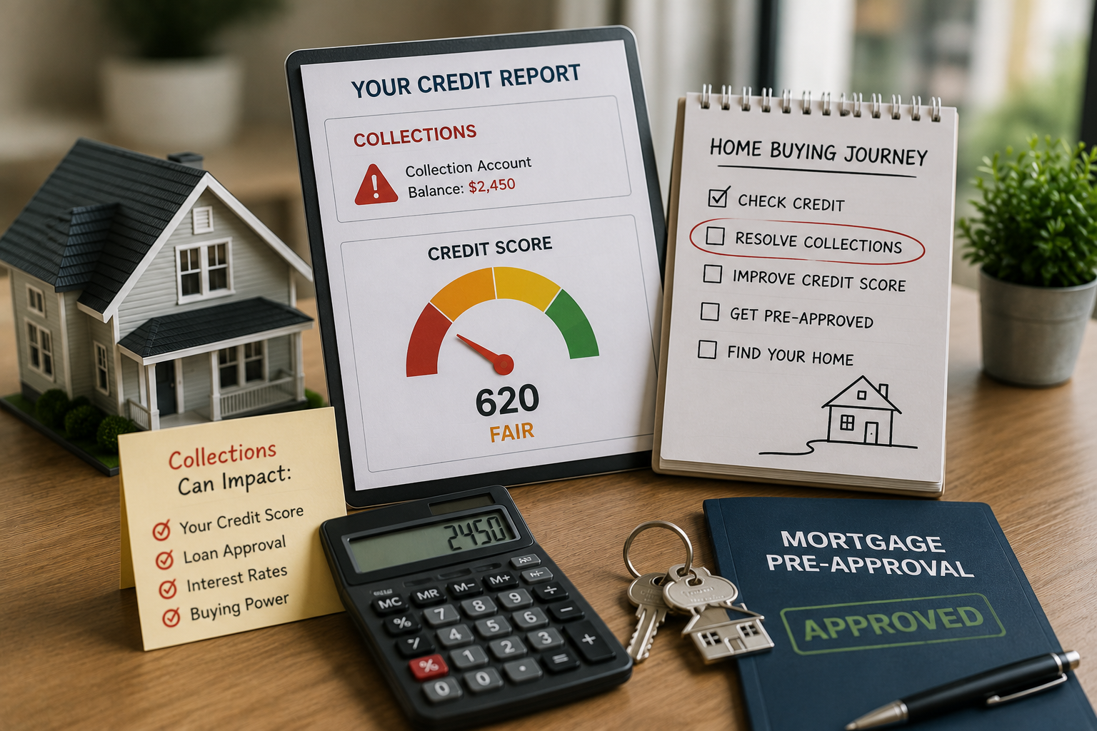 Desk with credit report, mortgage approval folder, calculator, and bill reminders showing finances and debt management