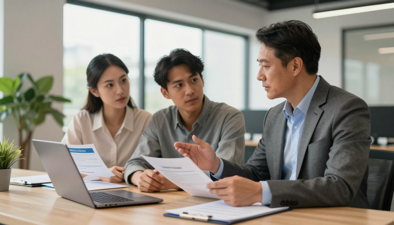 Three people, a realtor and 2 first time buyers discuss documents at a laptop during a meeting in a bright office