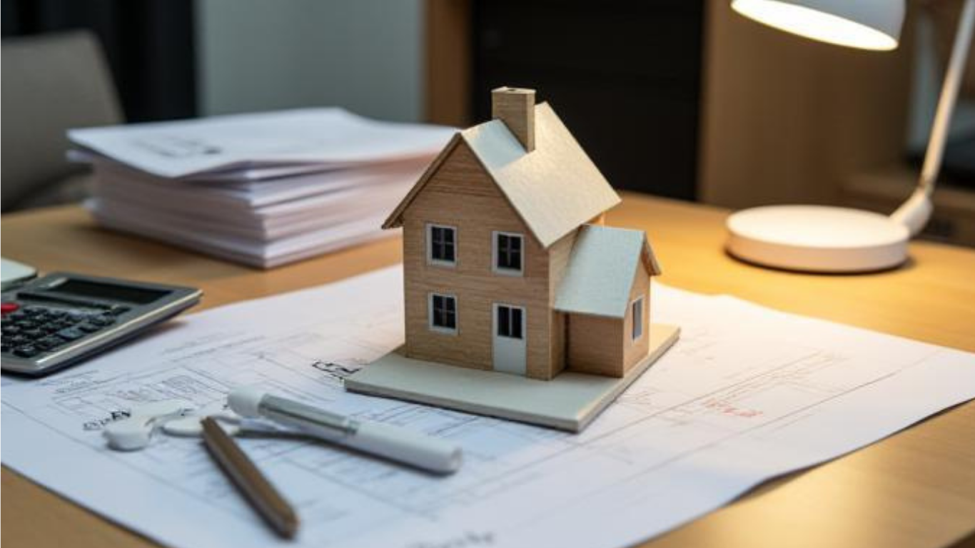 Small model house on architectural blueprints with drafting tools on a desk