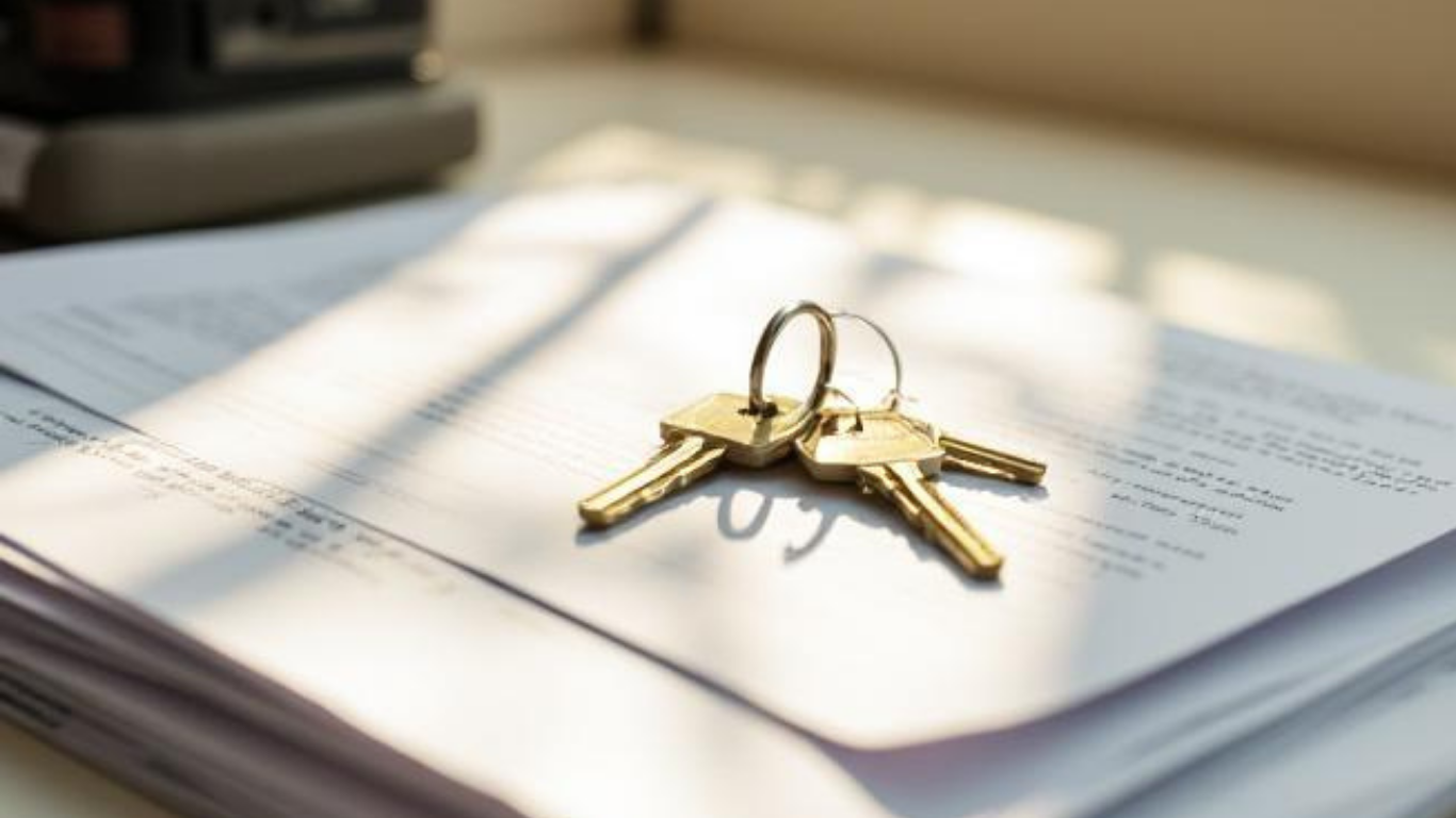 Keys resting on a stack of papers beside a binder in soft light