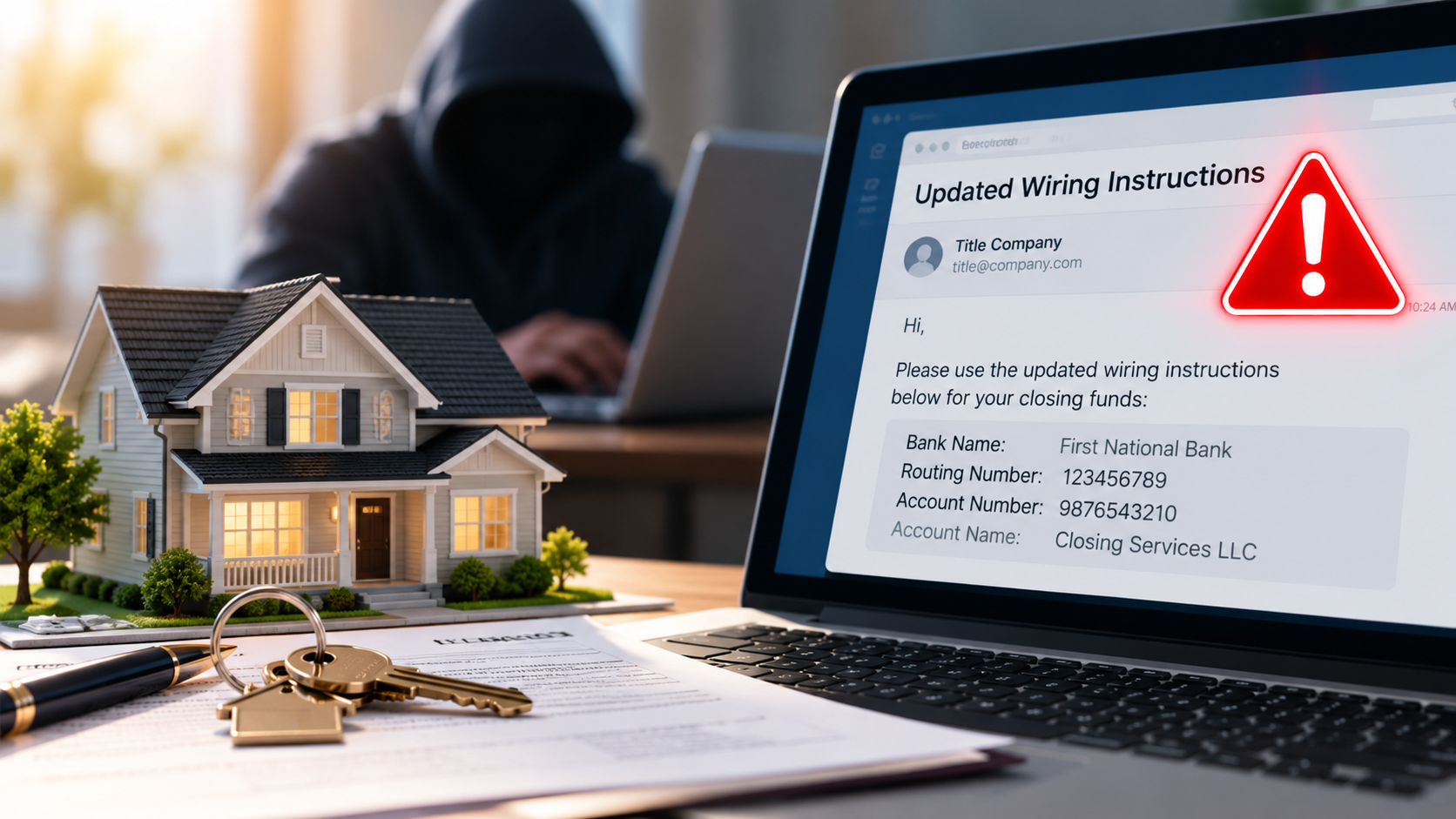 Laptop showing fake wiring instructions beside a house model and scam alert phone.