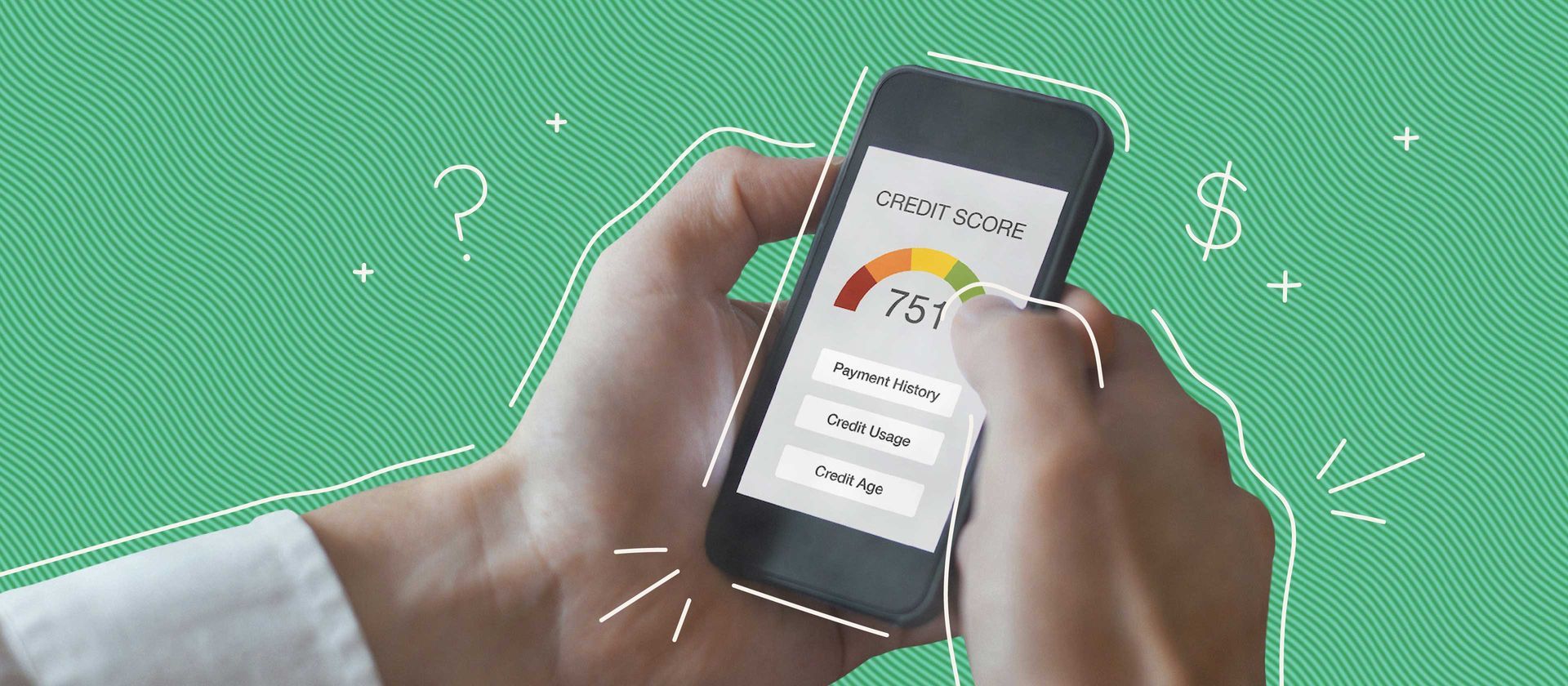 Checking FICO score on a smartphone, showing credit factors like payment history and usage.