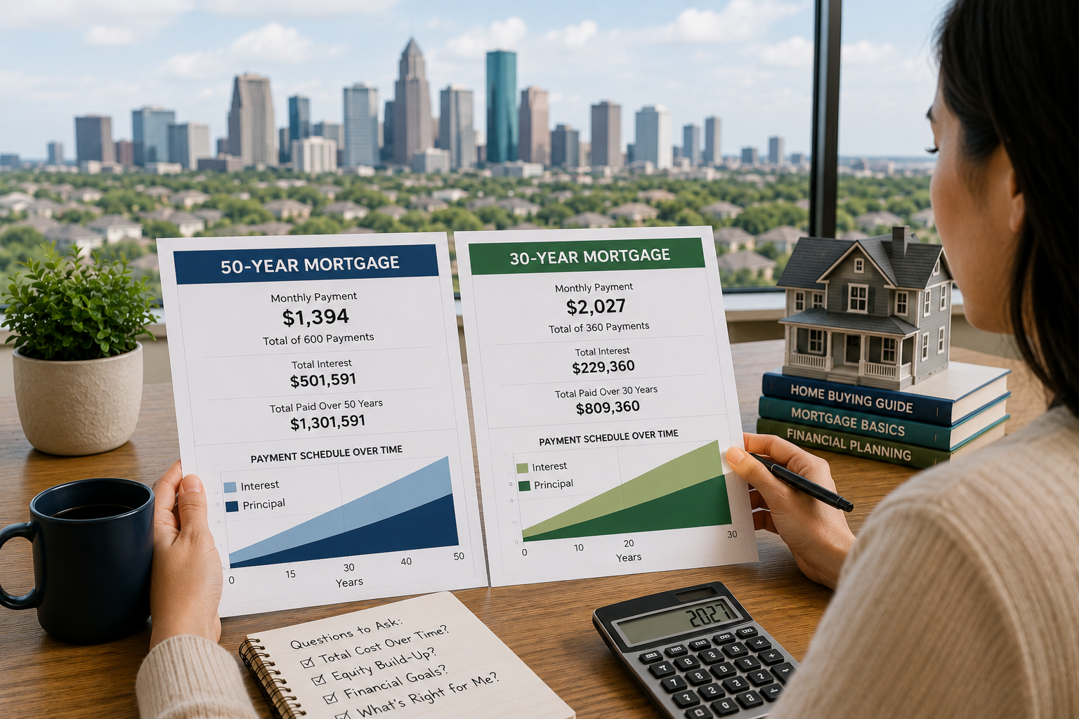 Small house model on financial charts with blue graphs and orange highlights, suggesting real estate analysis for 50 year mortgage