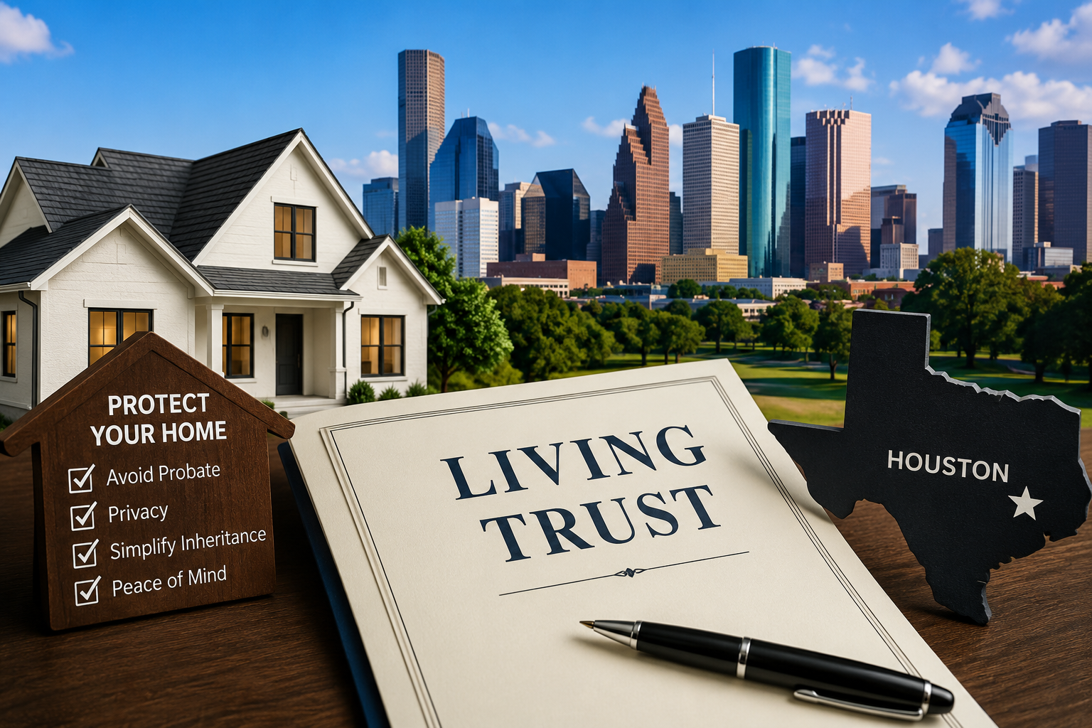Living trust document with pen, Houston skyline, and “Protect your home” sign beside a house