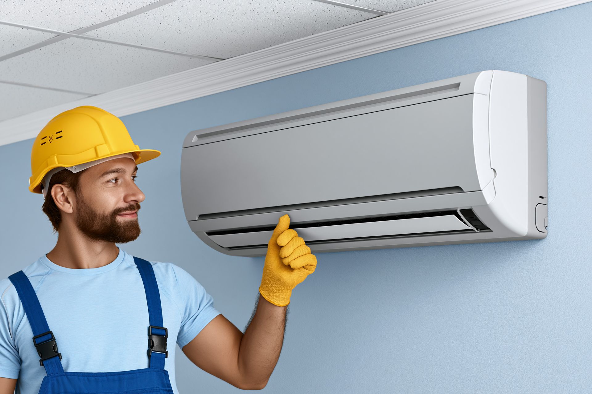 Air conditioning repair contractor inspecting a residential AC unit. Air conditioning repair contractor inspecting a residential AC unit.