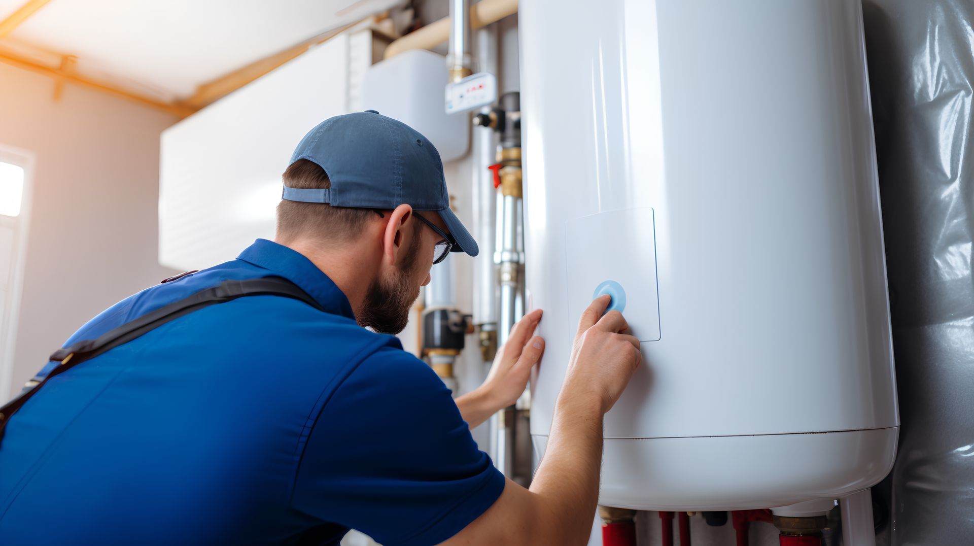 Heating system replacement contractor adjusting modern wall-mounted furnace unit indoors. Heating system replacement contractor adjusting modern wall-mounted furnace unit indoors.