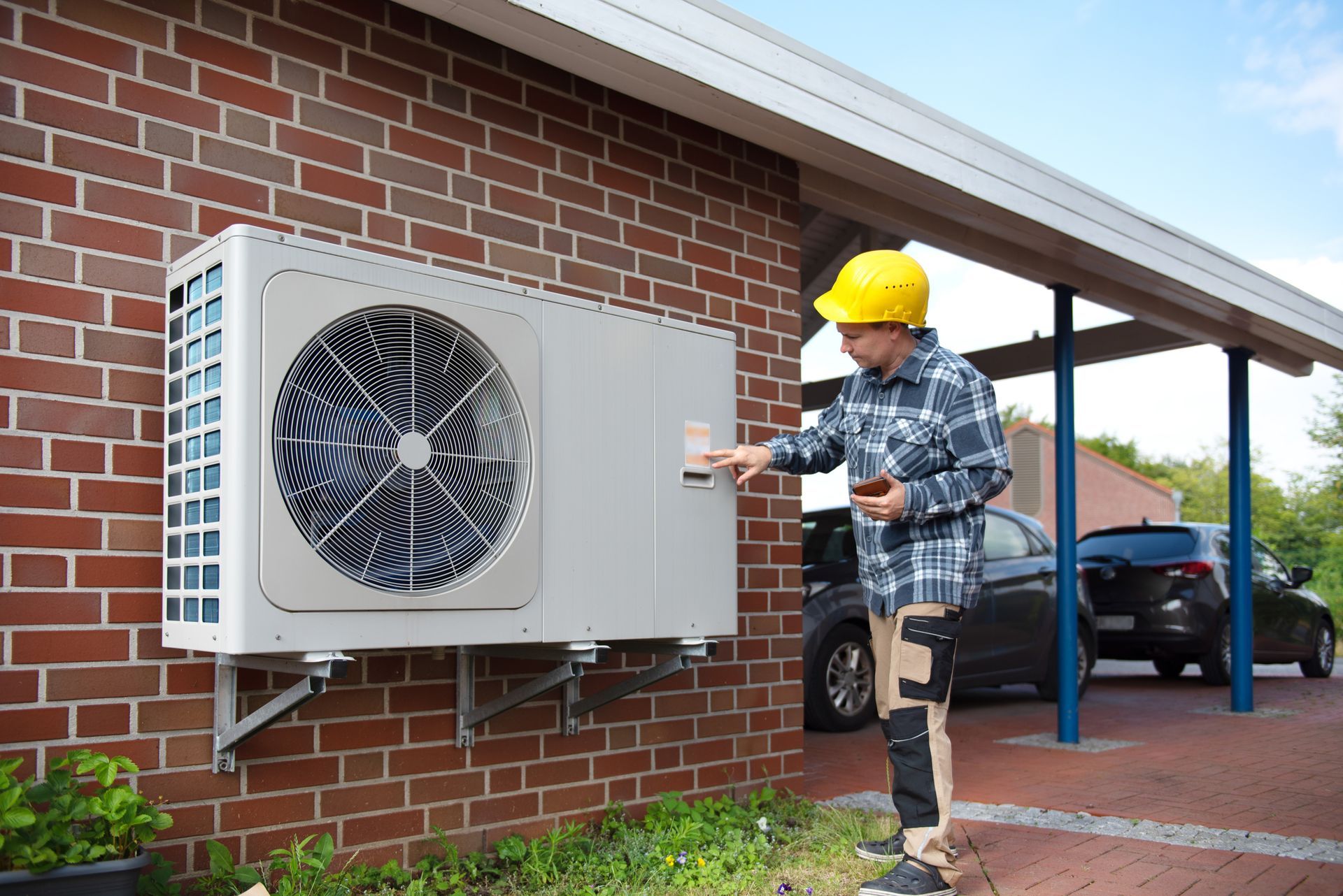 HVAC technician inspecting an outdoor air conditioning unit at a residential property. HVAC technician inspecting an outdoor air conditioning unit at a residential property.