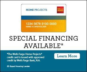 Wells Fargo Home Projects credit card ad with special financing offer. Card design on white background with blue and orange accents.