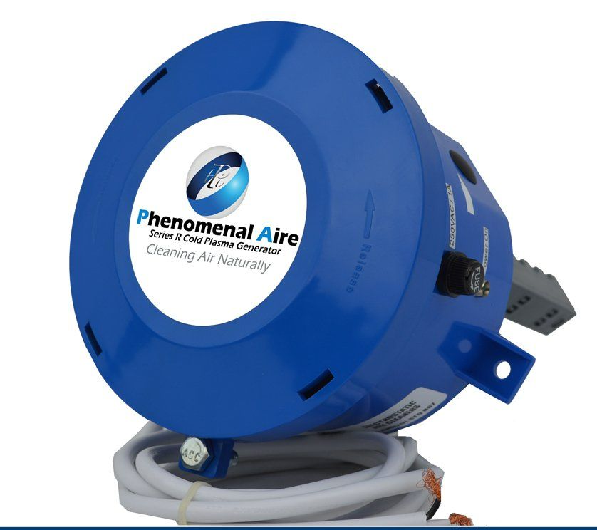Blue Phenomenal Aire cold plasma air cleaner with logo and power cord.