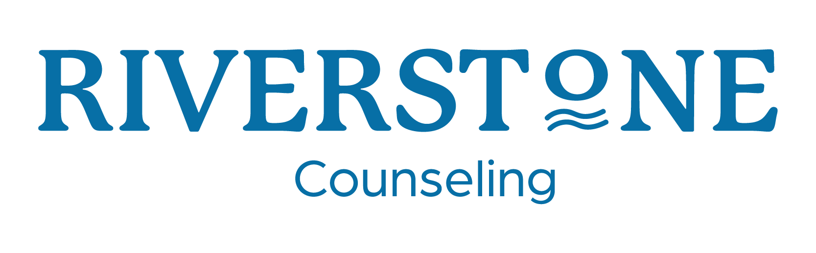 The logo for riverstone counseling is blue and white.
