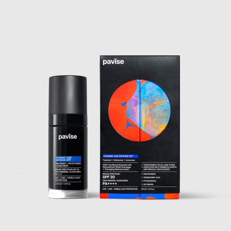 A bottle of pavise skincare next to its box