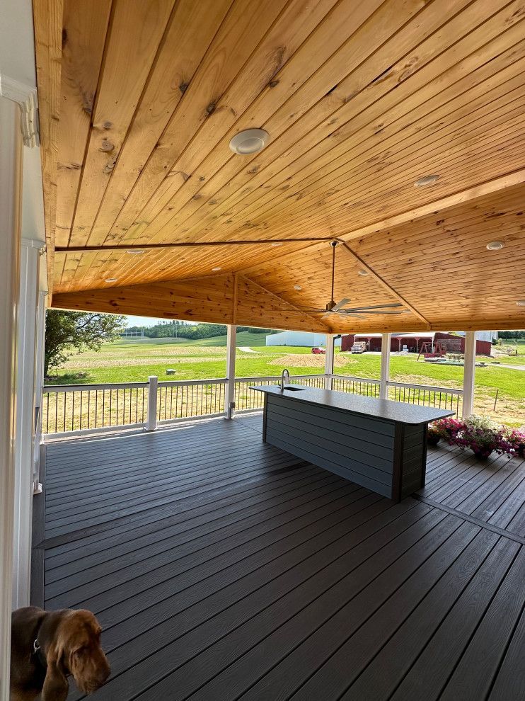 A dog standing on a porch with a wooden ceiling
