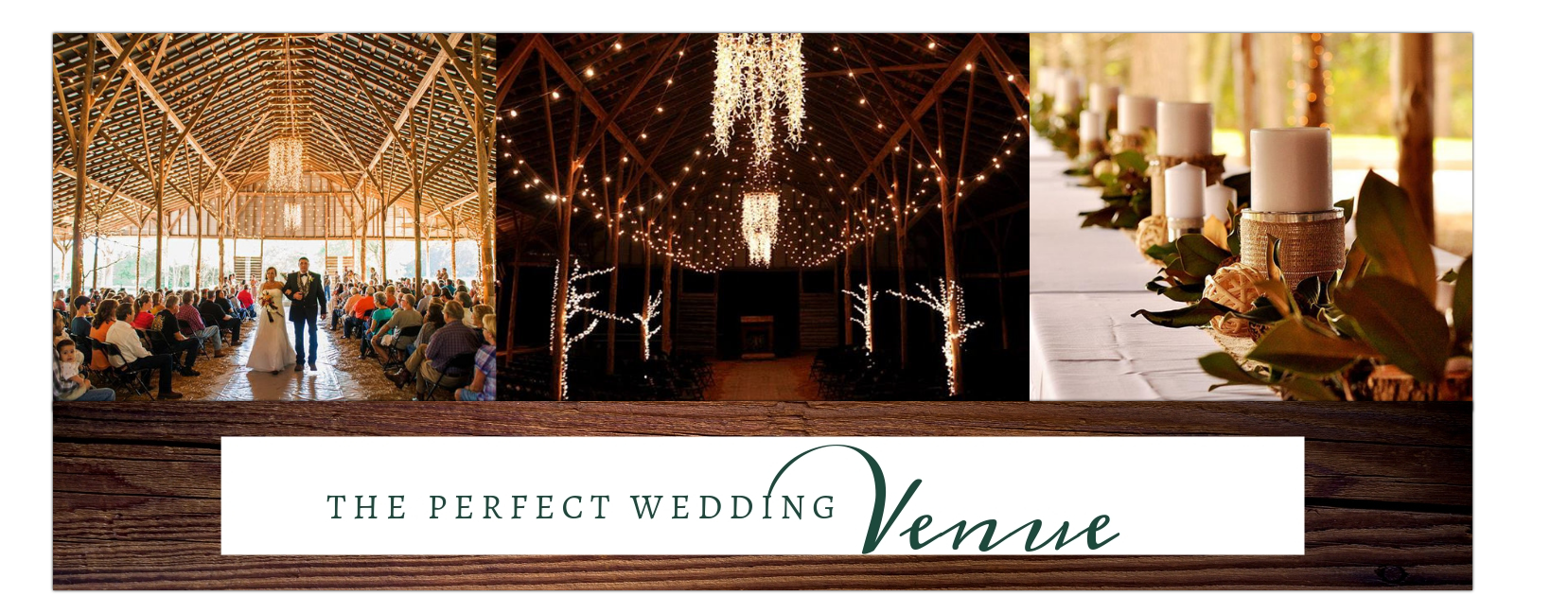 Elegant wedding venue with warm string lights, chandeliers, floral tables, and a “The Perfect Wedding Venue” banner