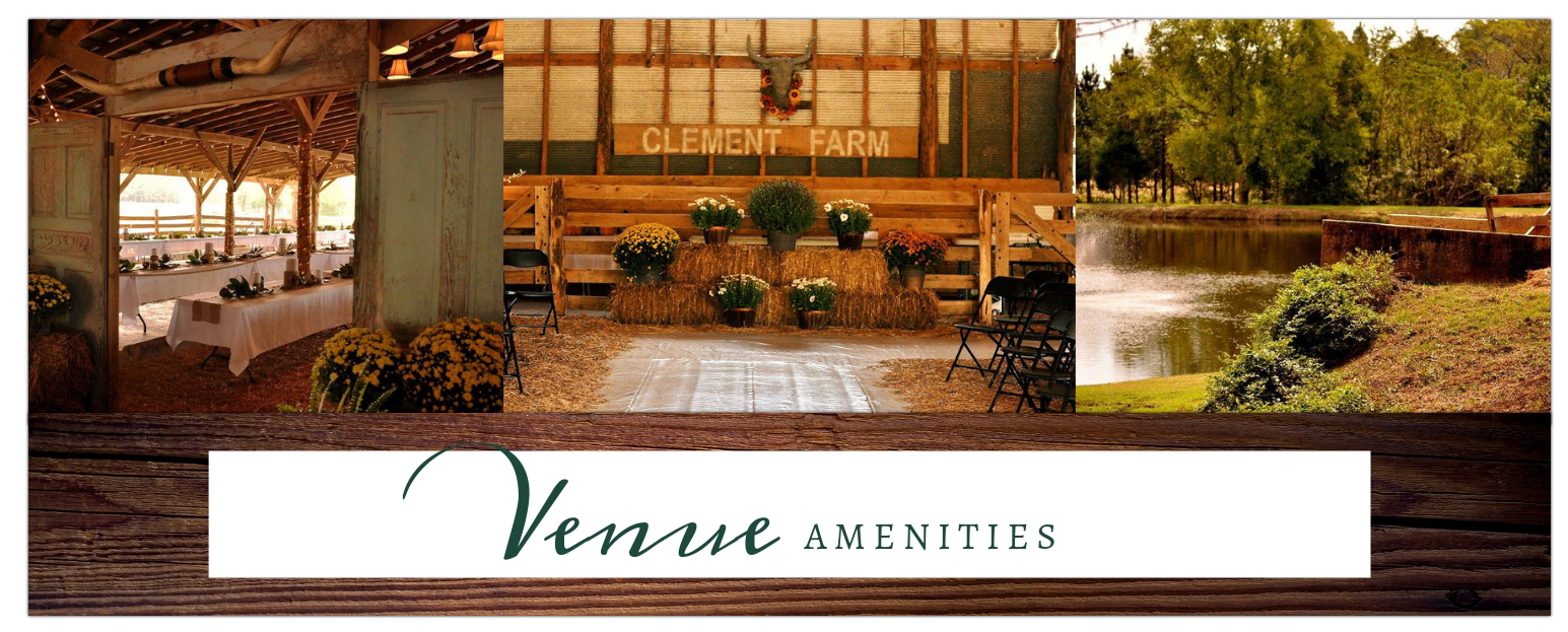 Rustic venue amenities banner with patio, seating, and outdoor water views