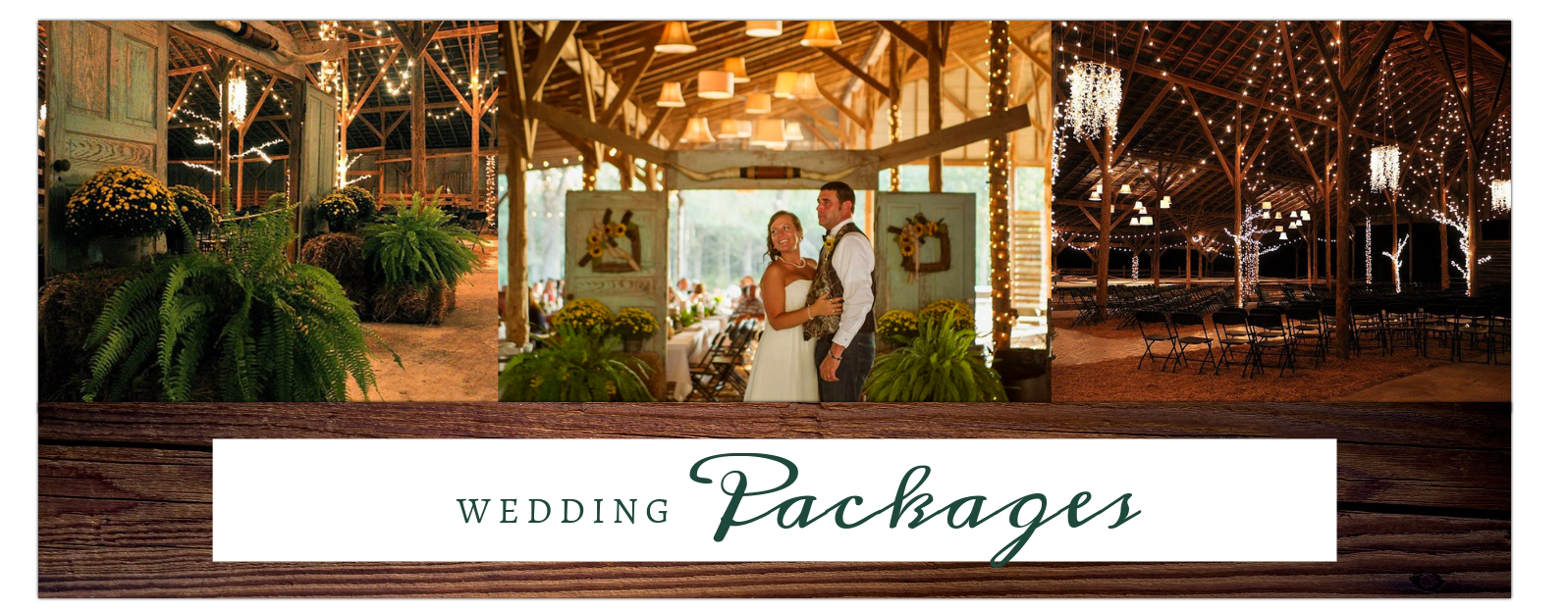 Wedding packages banner with a bride and groom in a warmly lit rustic venue