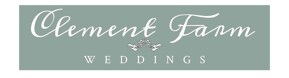 Clement Farm Weddings logo in white script on a sage-green background