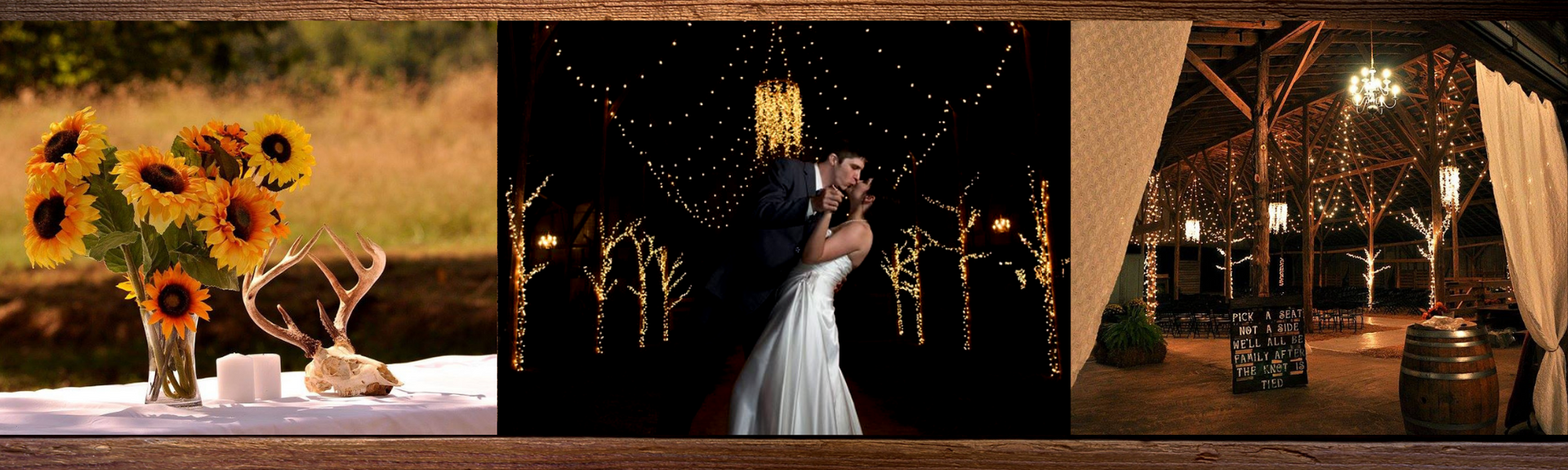 Wedding collage with sunflowers, a couple under fireworks, and a lit reception tent at night