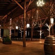 Rustic open-air pavilion with wooden beams, hanging lights, and a large barrel in warm evening light